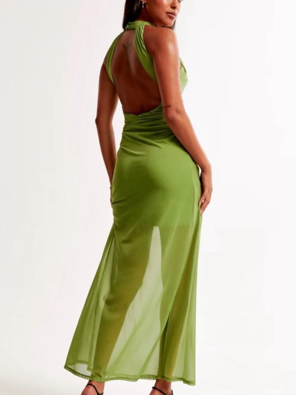 Abercrombie & Fitch Olive Green Halter Ruched Sheer Maxi Dress
